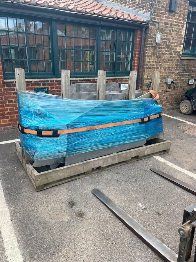 The Pooil Vaaish stone wrapped and strapped for its journey to Hampton Court Palace
